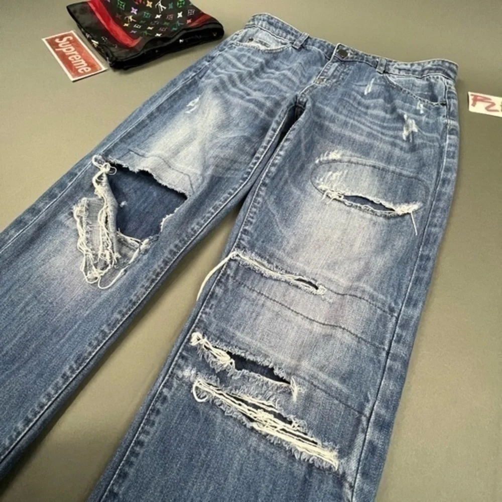 Thrashed Hige Faded Designer Denim Blue Ripped Jeans Stitching and Patchwork 💎 - Picture 10 of 16